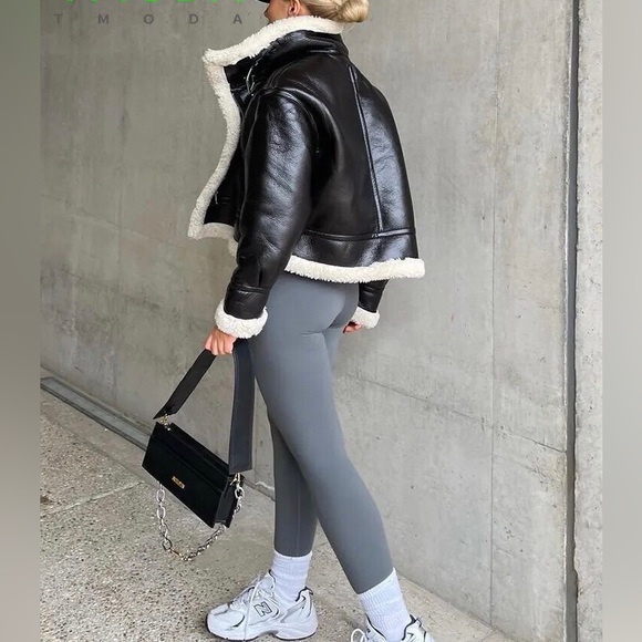 Leather jacket coat shearling faux buckle belt black cream - Picture 9 of 9